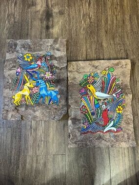 Handmade Mexican Amate Hand Painted Bark Paintings Vibrant Folk Art Set Of 2